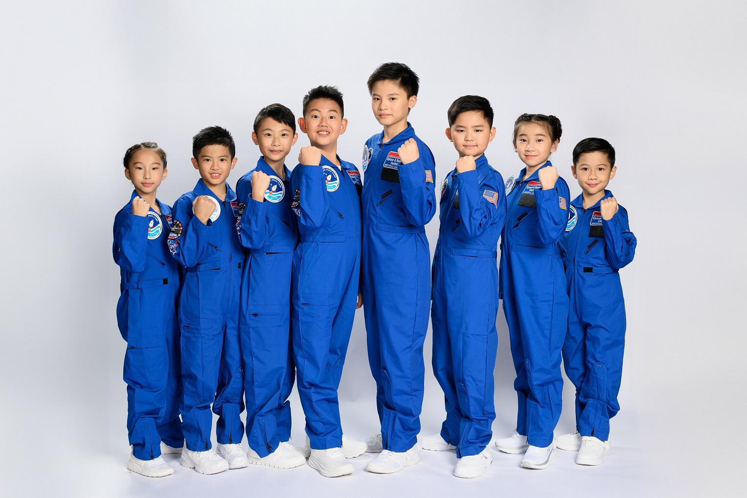 The 8 YF Life Jr. Astronauts are ready to blast off: (from left) Luk Sze Yu, Chow Chun Teng Aiden, Chan Godwin Enoch, Wong Wan Ho, Tam Tsz Hei, Guo Mu Qian, Wong Cheuk Lam Jasmine and Hui Ching Yin.